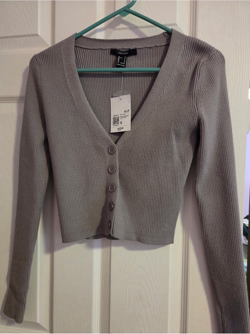 Forever 21 Light Gray Ribbed V-Neck Button-Up Cardigan